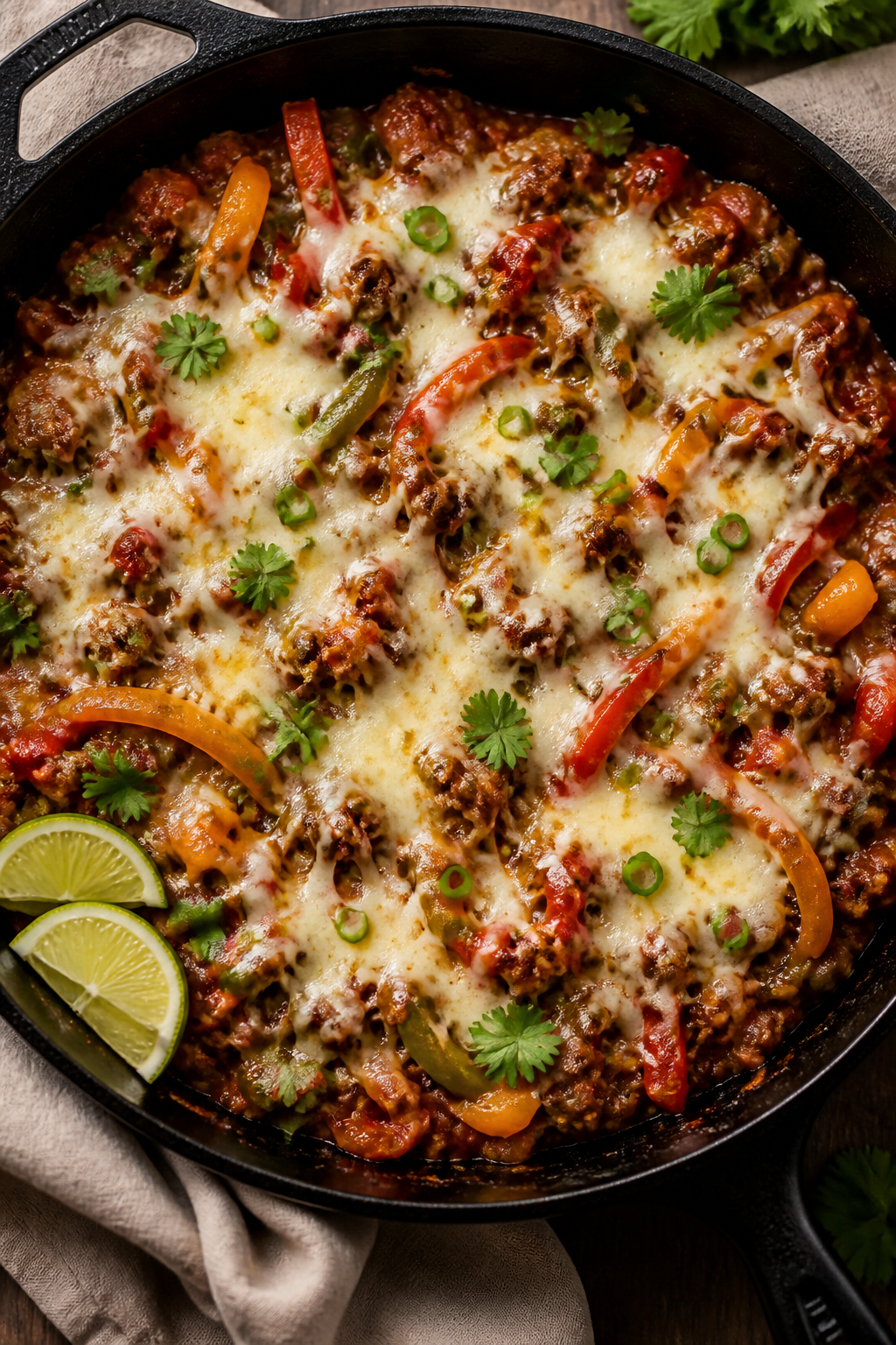 Tasty top view: Overhead shot of the Ground Beef Pepper Jack Skillet right after melting, stretchy s