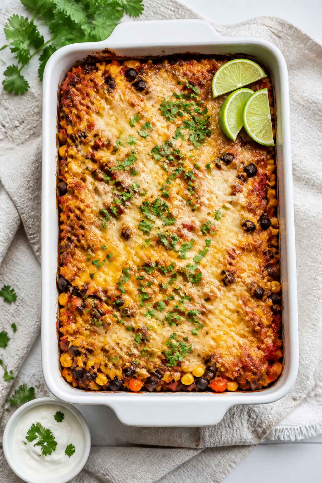 Tasty top view: Overhead shot of the Southwest casserole just out of the oven in a 9x13 dish—chees