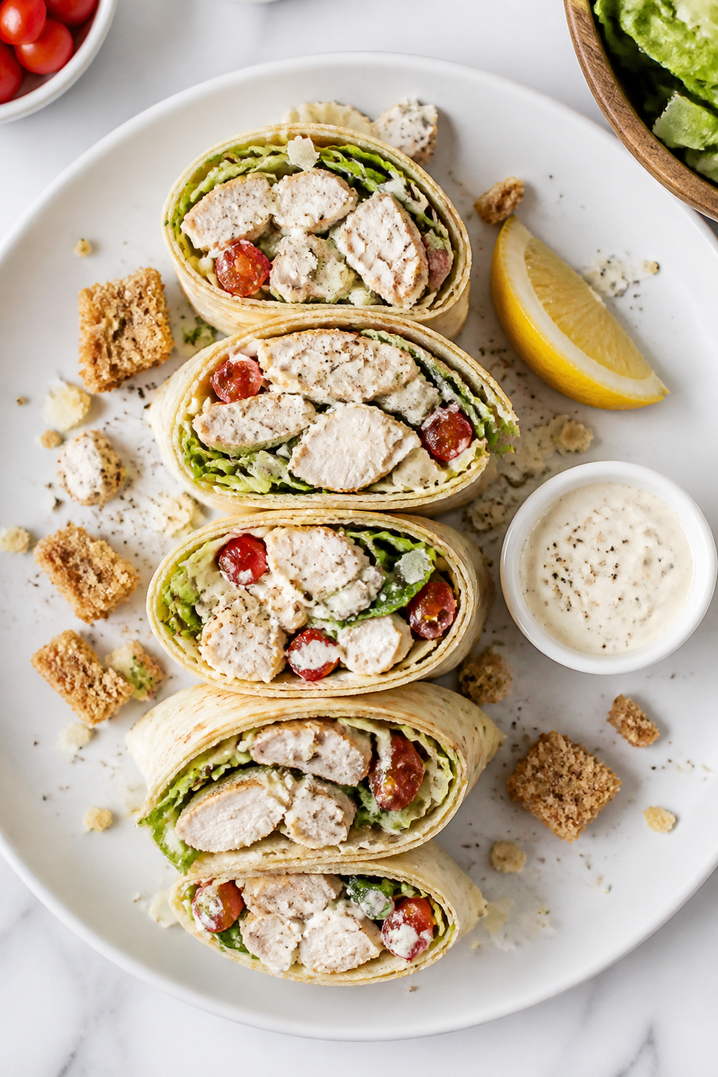 Tasty top view: Overhead shot of two finished High Protein Chicken Caesar Wraps, sliced and arranged