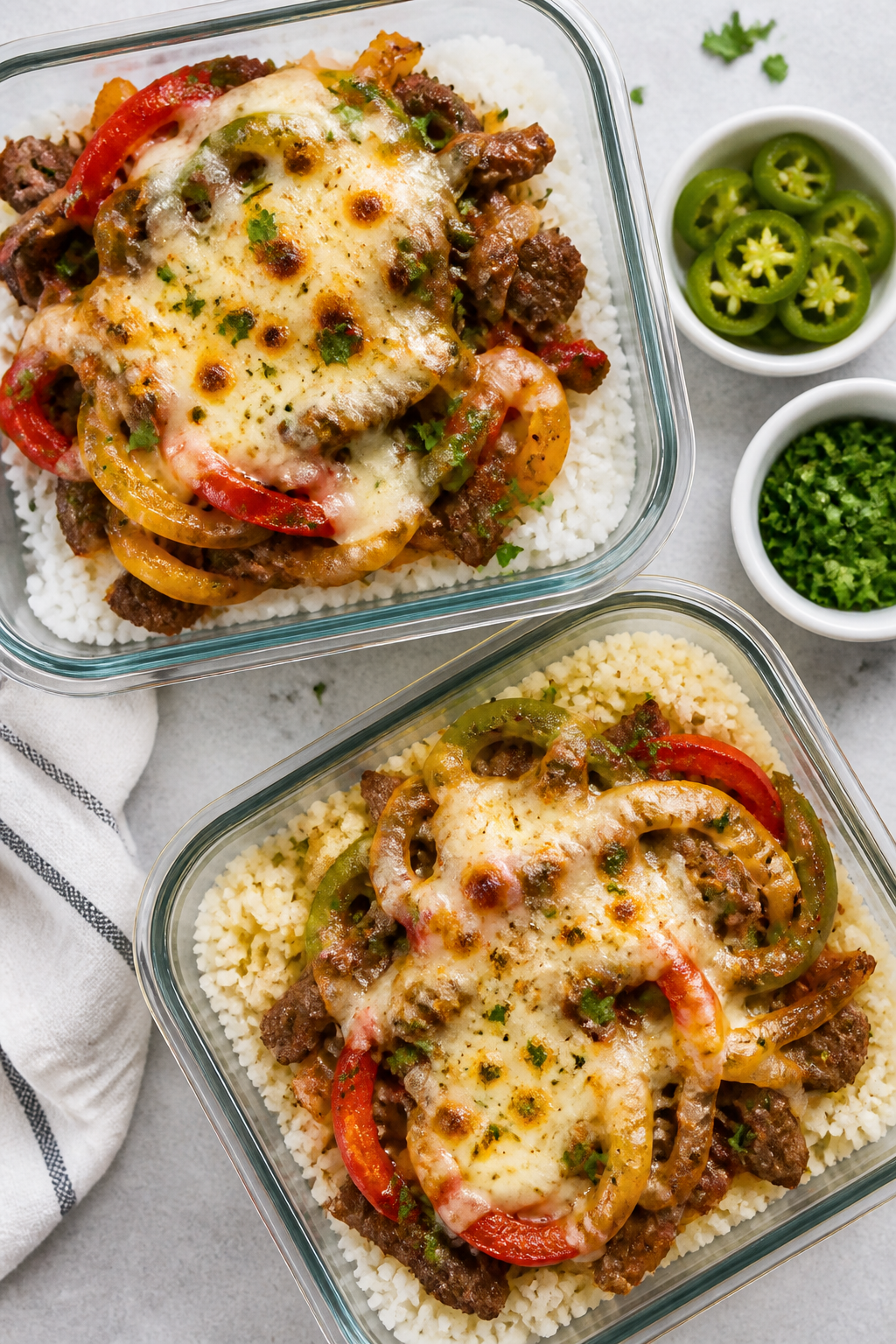 Tasty top view: Overhead shot of two meal-prep containers — one with white rice, one with cauliflo