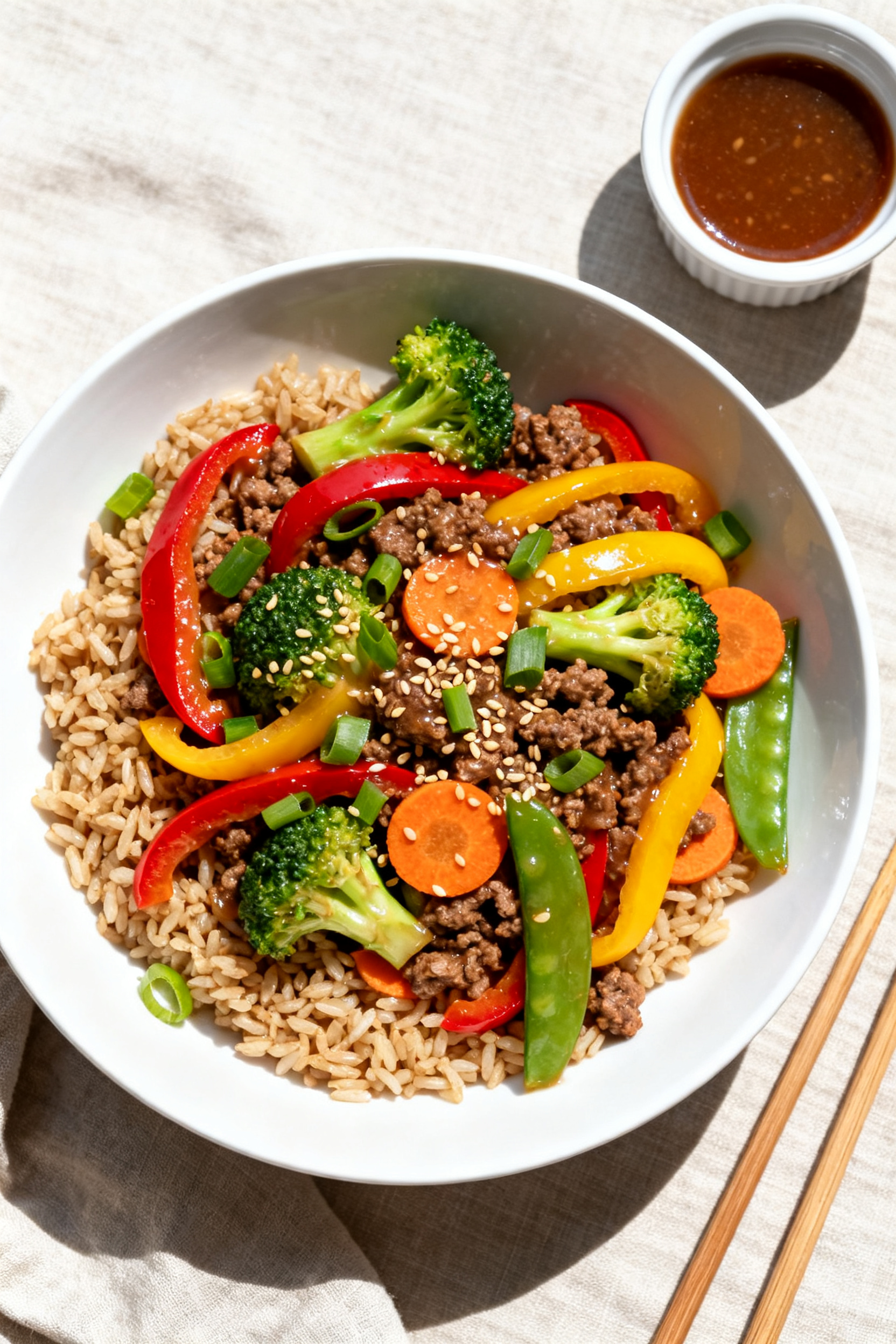 Tasty top view, overhead shot: Overhead shot of Healthy Ground Beef & Veggie Stir Fry spooned over w