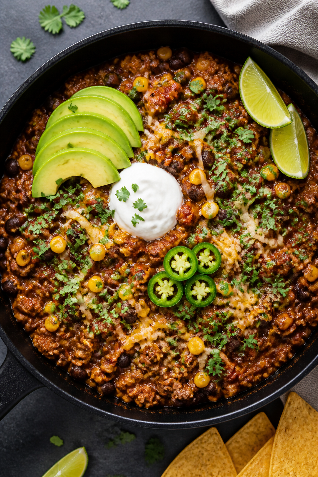 Tasty top view, overhead shot: Overhead shot of the finished Healthy Beef Taco Skillet, saucy and sl