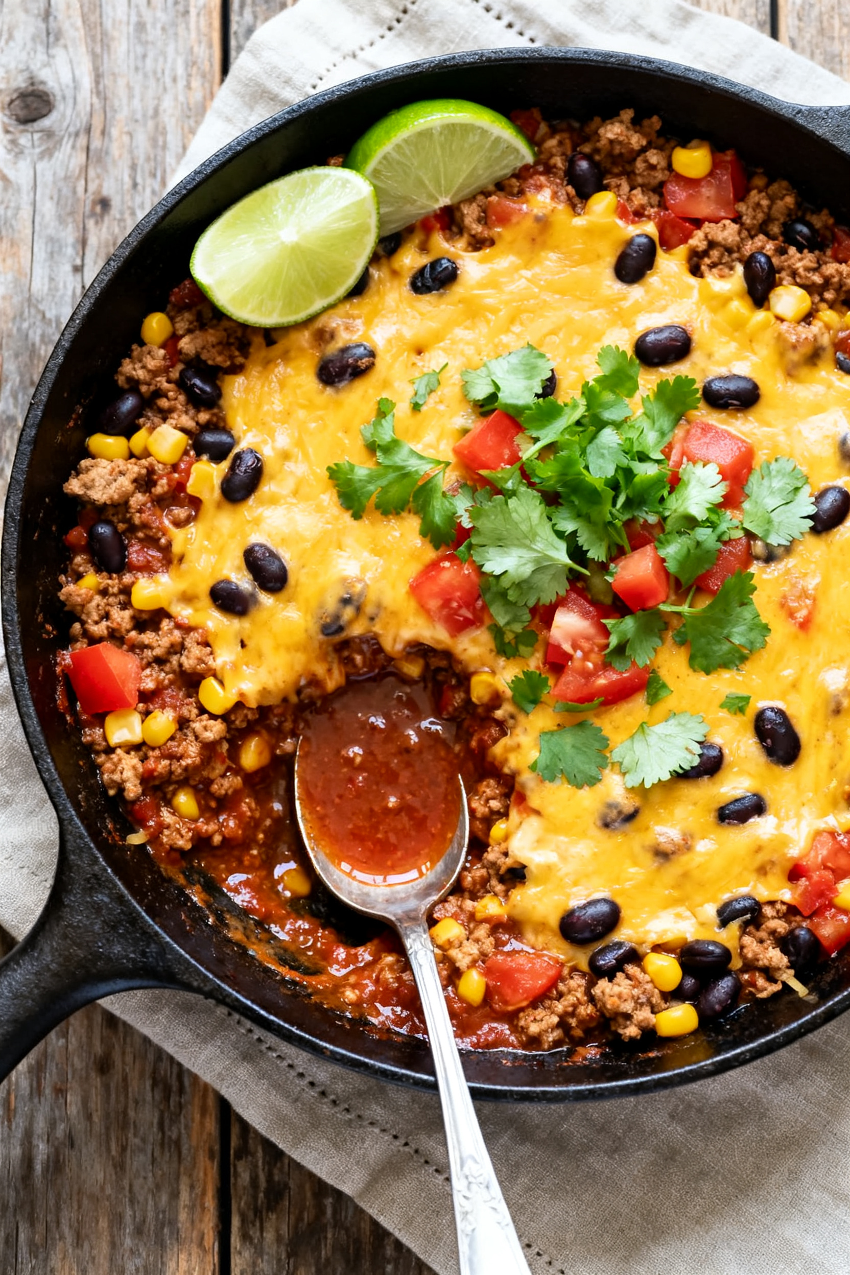 Tasty top view, overhead skillet finish: Overhead shot of the finished Ground Turkey Taco Skillet, c