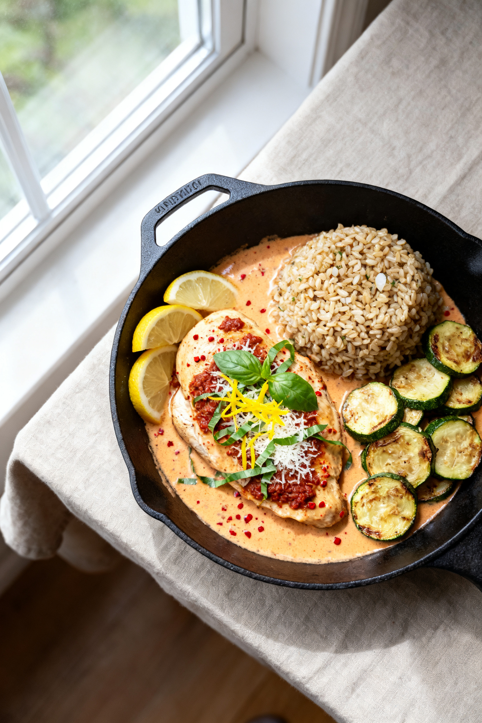 Tasty top view, saucy finale: Overhead shot of High Protein Marry Me Chicken nestled in a creamy sun
