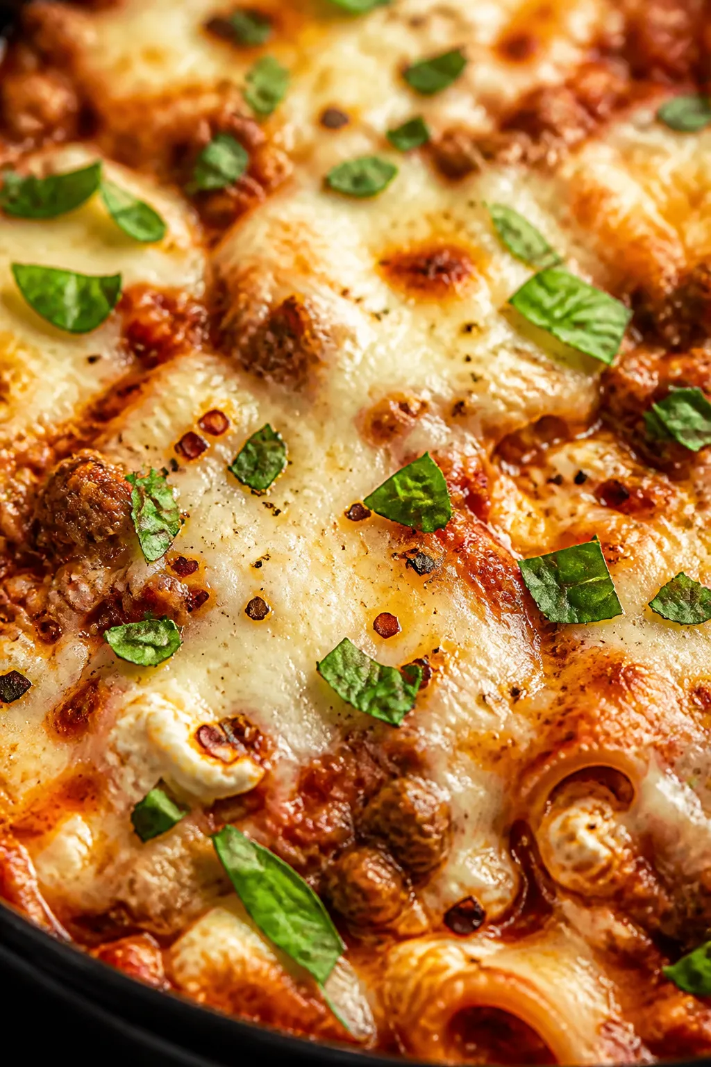 Close-up cheesy detail: Extreme close-up of the finished “lasagna” surface in the skillet, showc