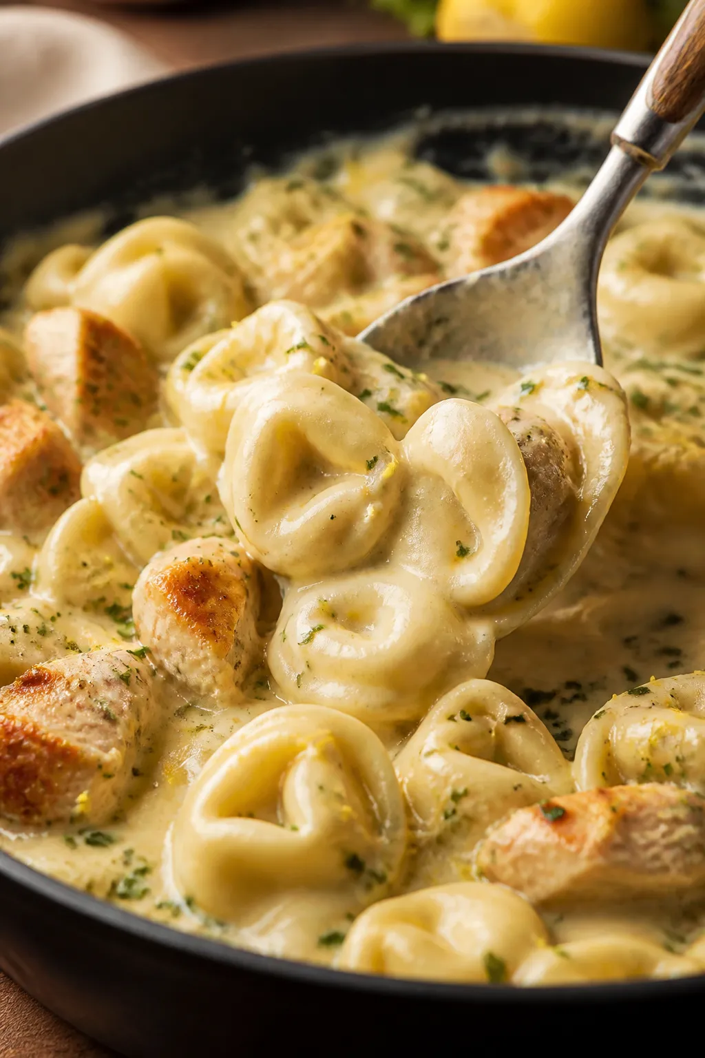 Close-up creamy sauce toss: Cheese tortellini and seared chicken being gently folded through a silky
