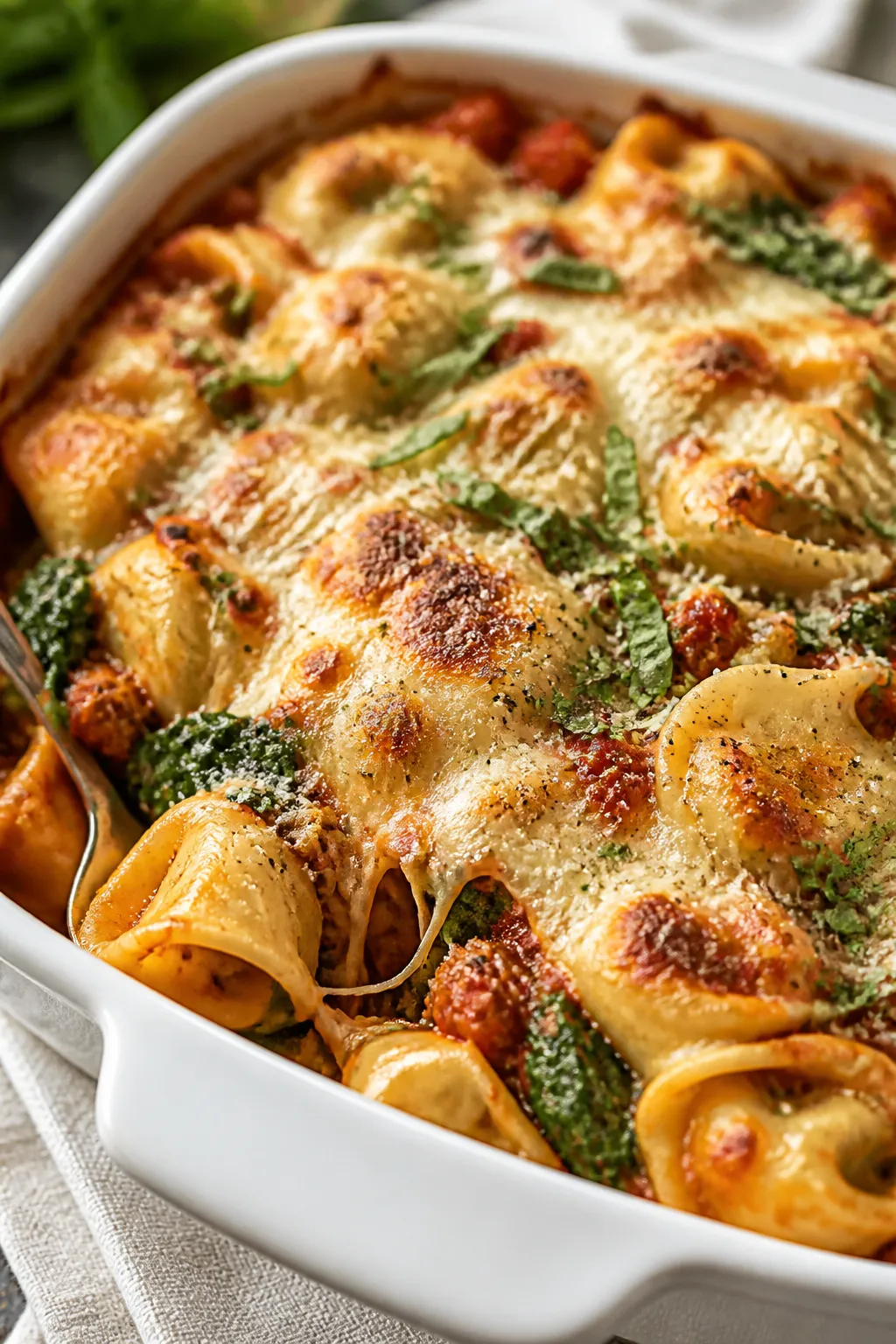 Close-up detail: A bubbling Cheesy Turkey Tortellini Bake just out of the oven, showing golden, blis