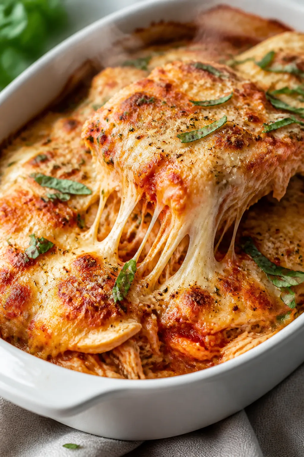 Close-up detail: A bubbling Chicken Parm Spaghetti Squash Bake just out of the oven, showing stretch