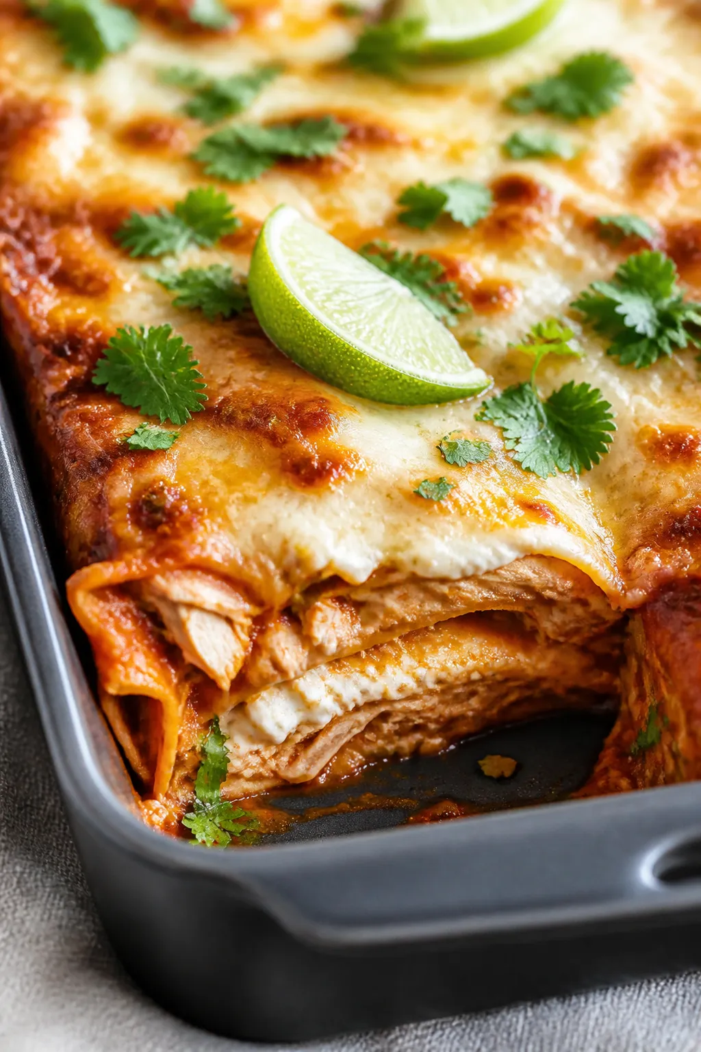 Close-up detail: A bubbling corner slice of Cottage Cheese Chicken Enchilada Casserole just out of t