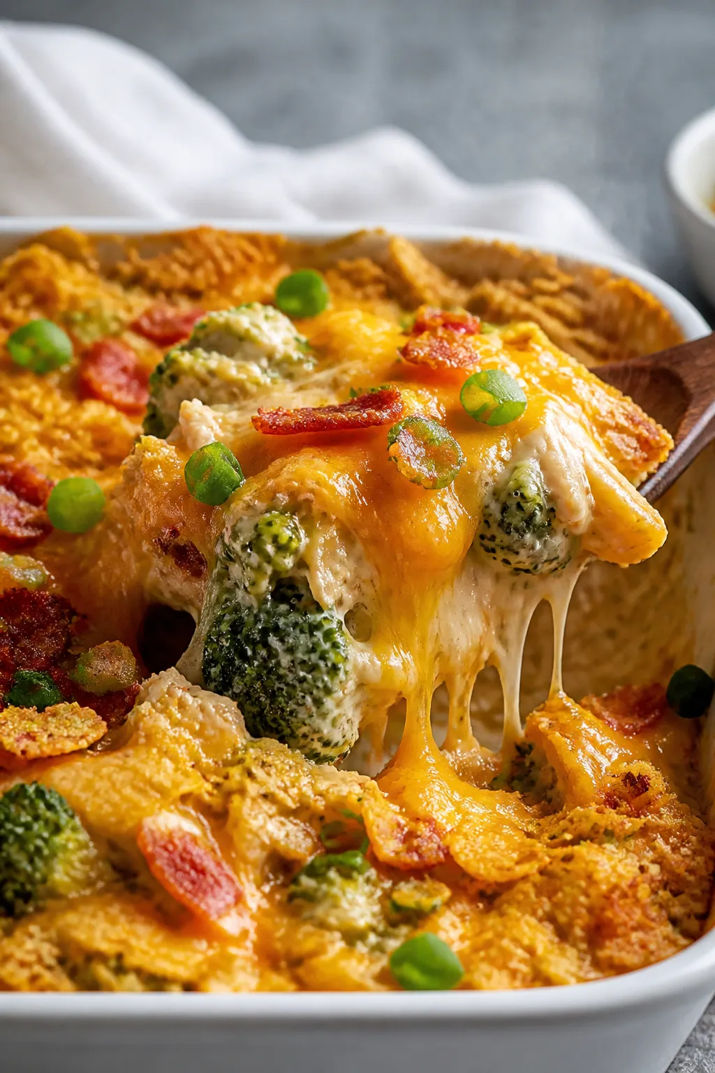 Close-up detail: A bubbling crack chicken casserole just out of the oven, golden melted sharp chedda