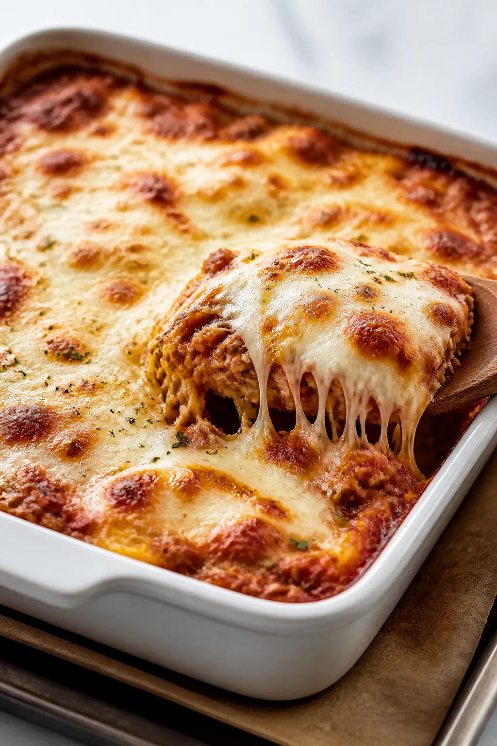 Close-up detail: A bubbling, just-baked cheesy ground turkey spaghetti squash casserole fresh from t