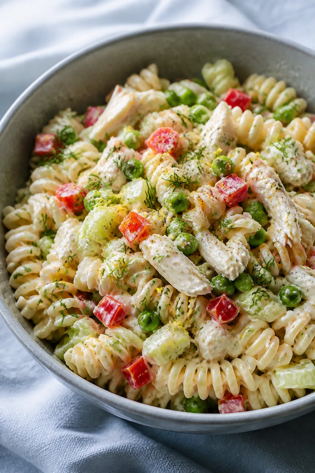 Close-up detail: A chilled bowl of high-protein crab pasta salad just after folding, showing tender