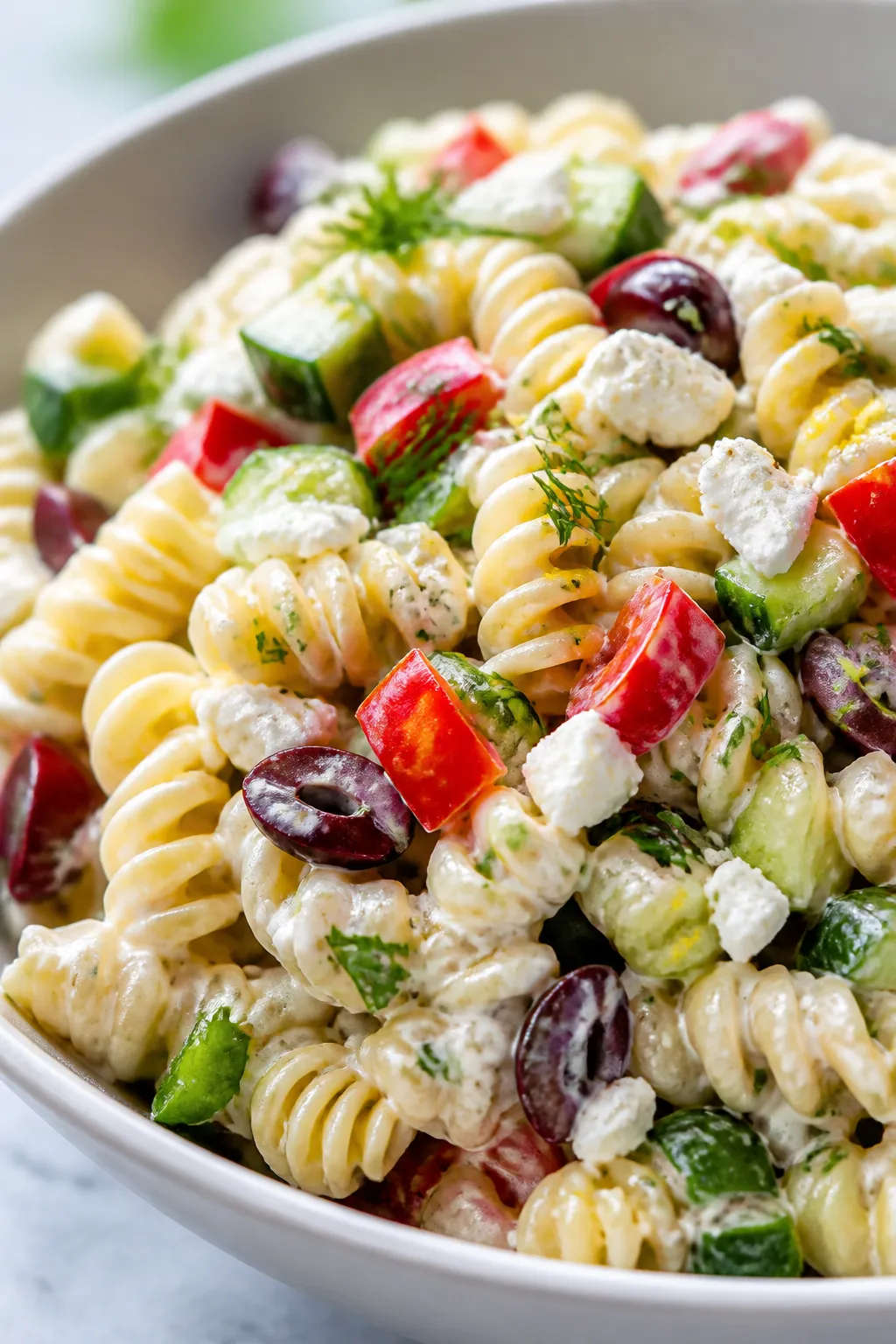 Close-up detail: A glossy bowl of al dente rotini coated in tangy Greek-yogurt dressing, flecks of l