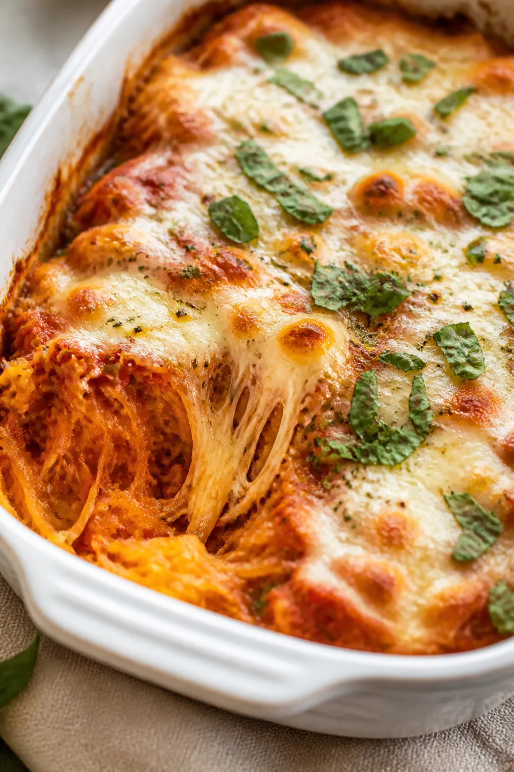 Close-up detail: A golden, bubbly Chicken Mozzarella Spaghetti Squash Bake just out of the oven, che
