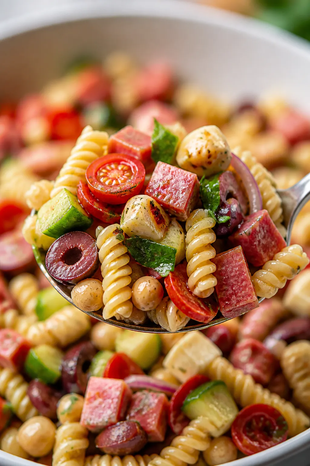 Close-up detail, : A heaping spoonful of the fully assembled Protein Italian Deli Pasta Salad lifted