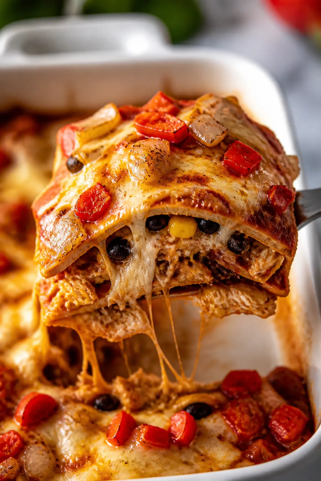 Close-up detail: A just-baked slice of Healthy Chicken Enchilada Casserole being lifted from the pan