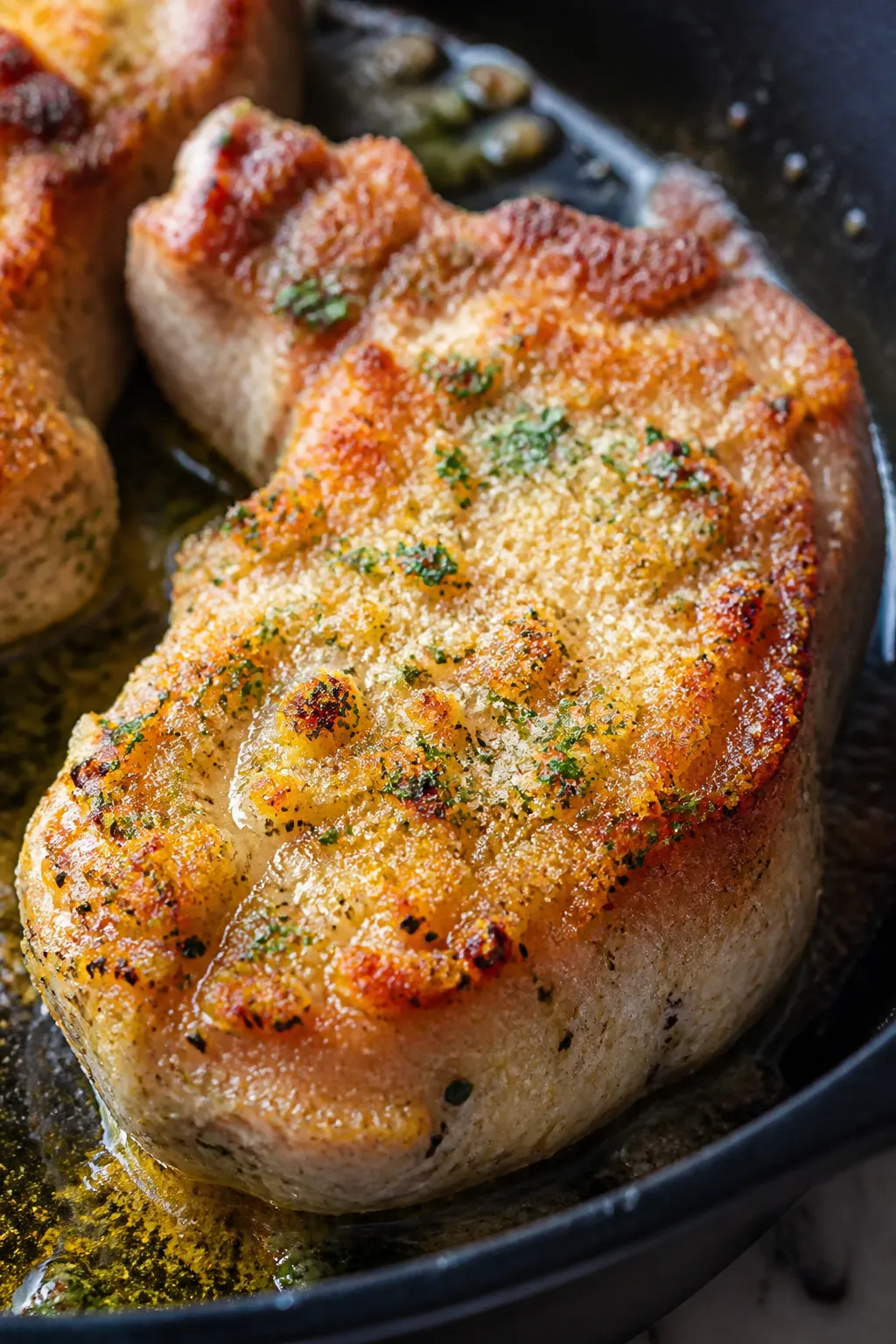 Close-up detail: A seared garlic-Parmesan crust on a pork chop just out of the oven in an oven-safe 