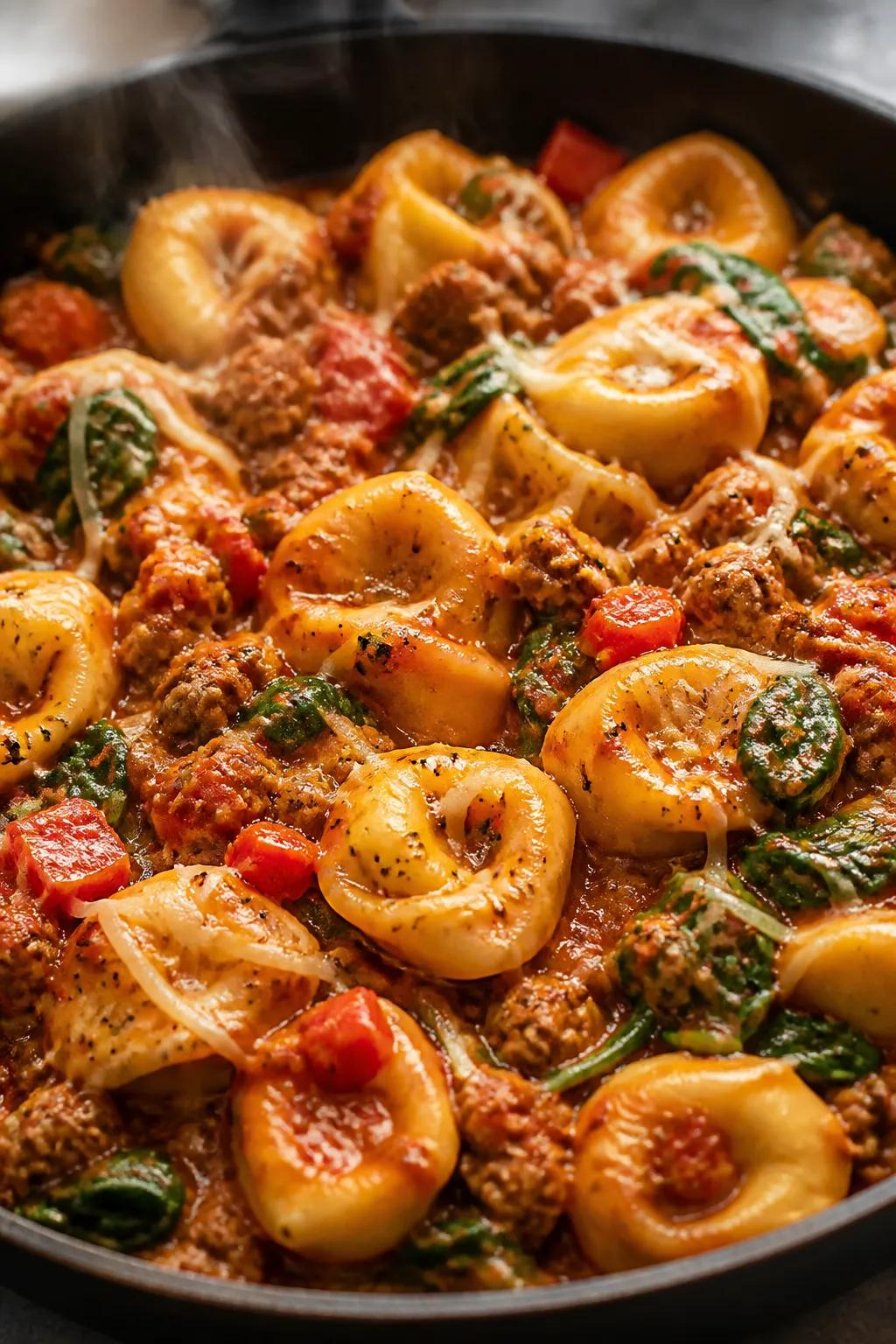 Close-up detail: A shallow-depth-of-field shot of saucy cheese tortellini tossed with browned ground