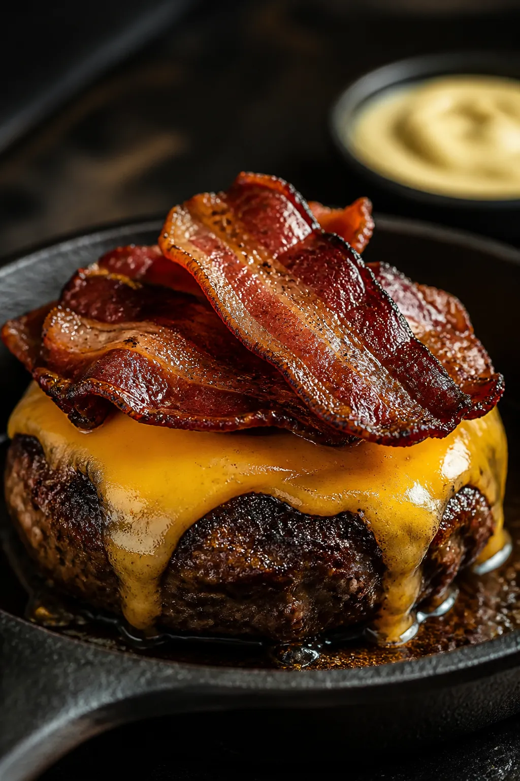 Close-up detail: A sizzling beef patty in a cast-iron skillet, cheese slice melting and draping over