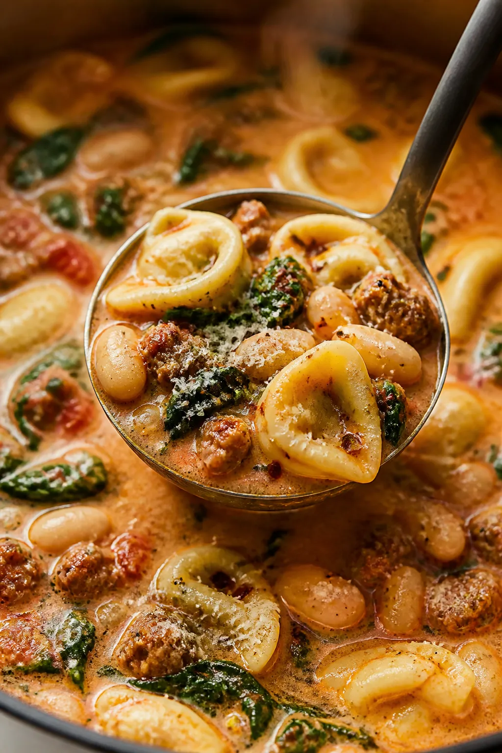 Close-up detail: A steaming ladle of High Protein Tuscan Tortellini Soup lifted from a Dutch oven, s