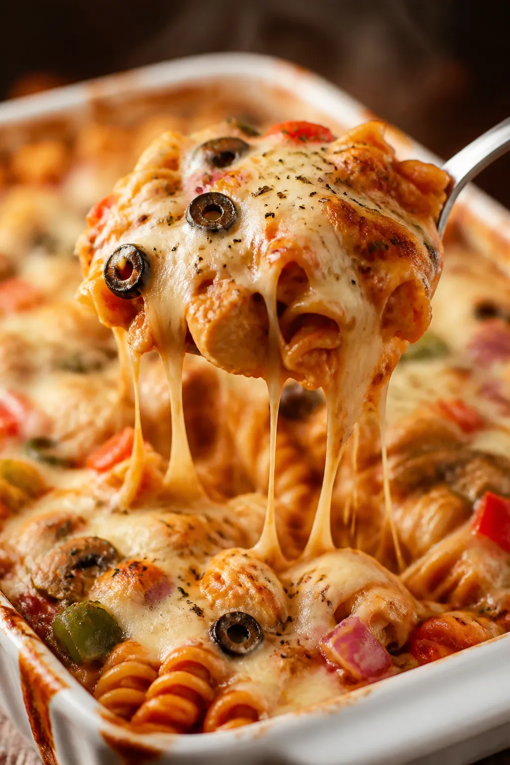 Close-up detail: A steaming scoop of Chicken Pizza Casserole lifted from the baking dish, showcasing