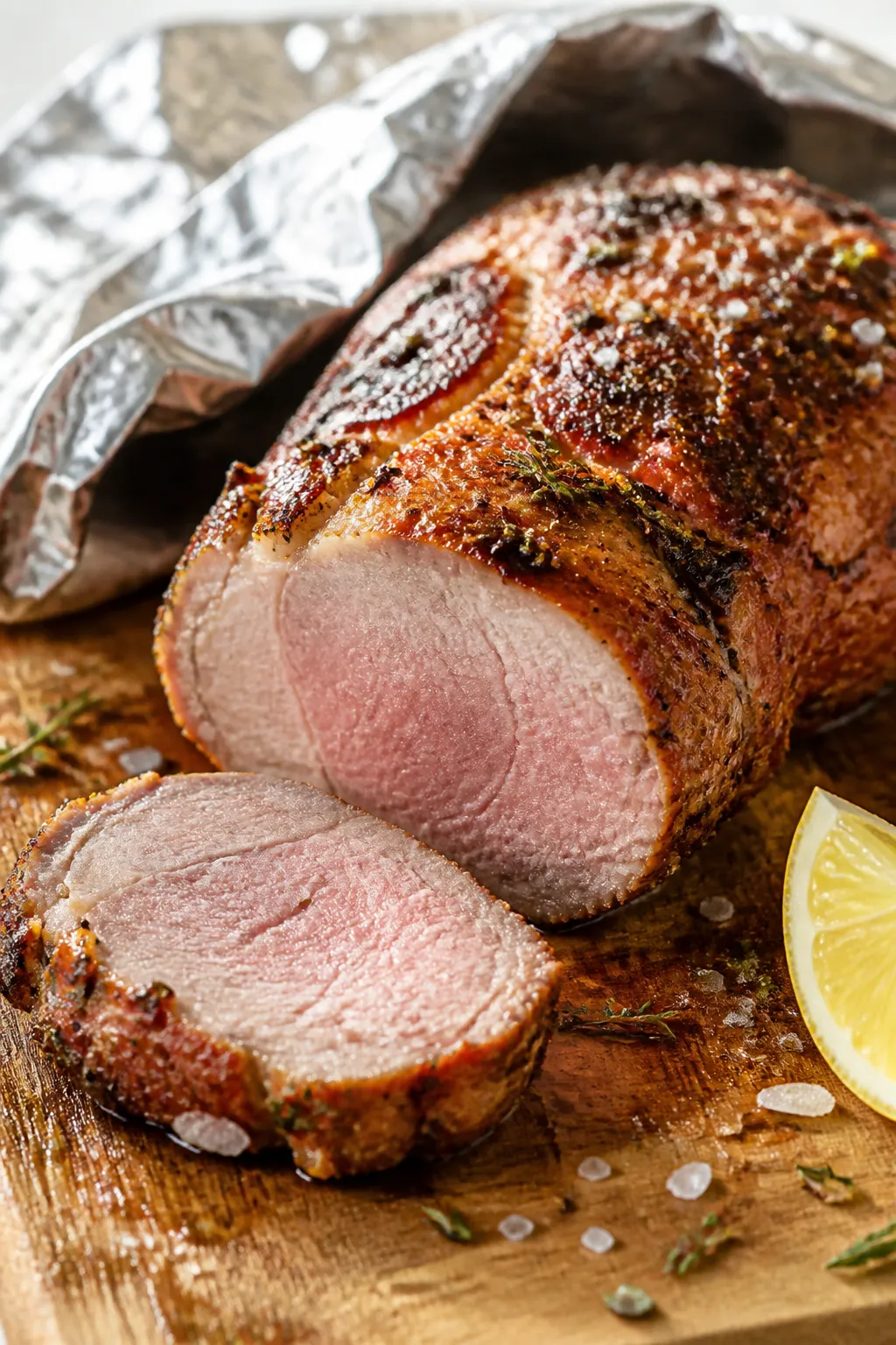 Close-up detail: Air-fried garlic pork tenderloin just after cooking, resting on a wooden cutting bo