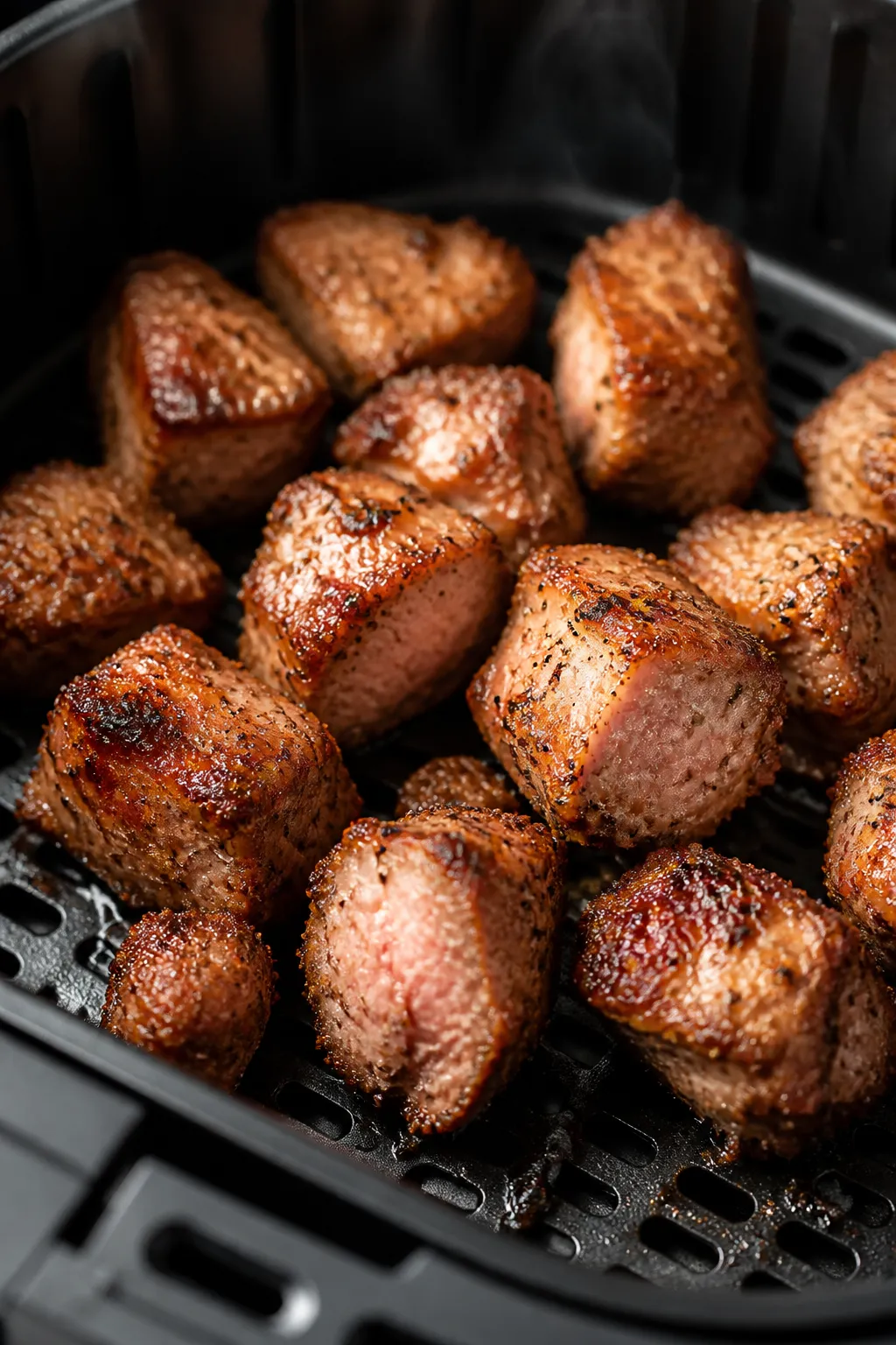 Close-up detail: Air-fried pork tenderloin bites just out of the basket at 400°F, showing carameliz