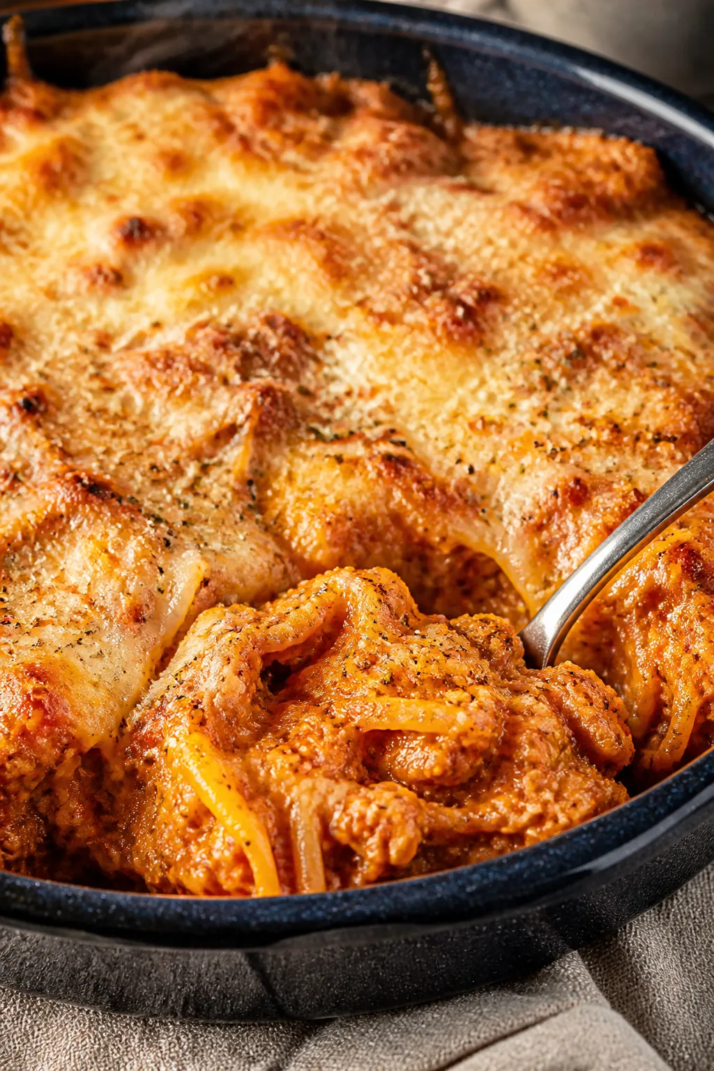 Close-up detail: Bubbling ground turkey marinara spaghetti squash bake just out of the oven, cheese 