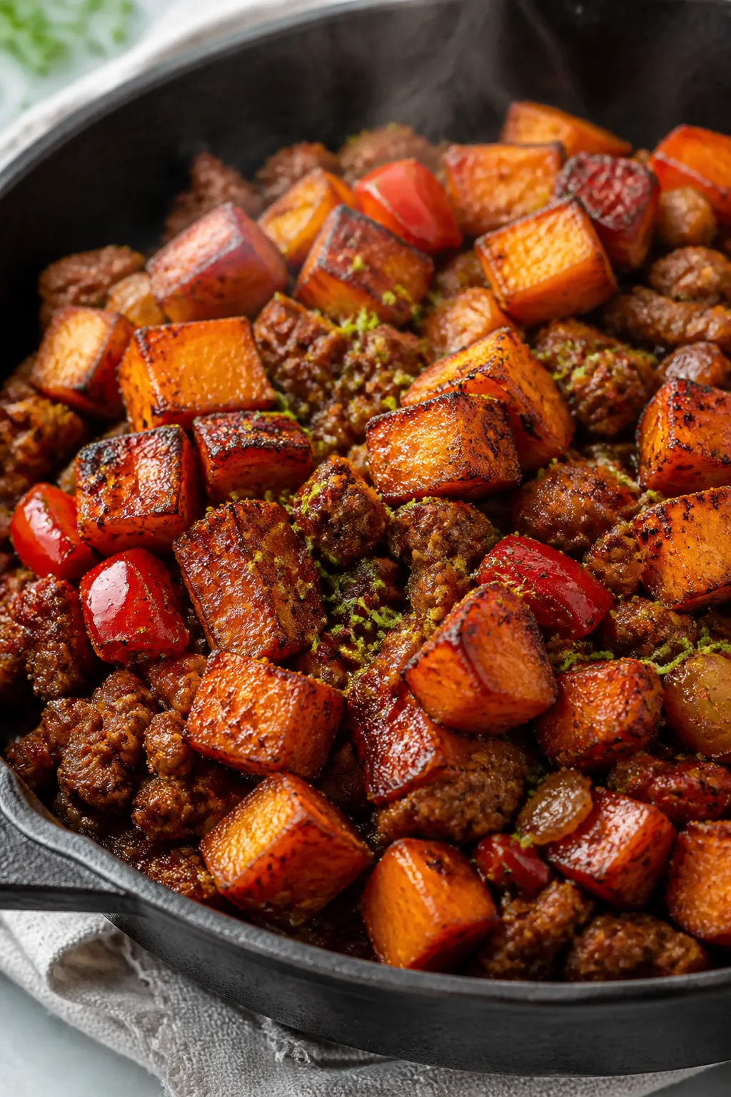 Close-up detail: Caramelized sweet potato cubes and browned ground pork sizzling together in a cast