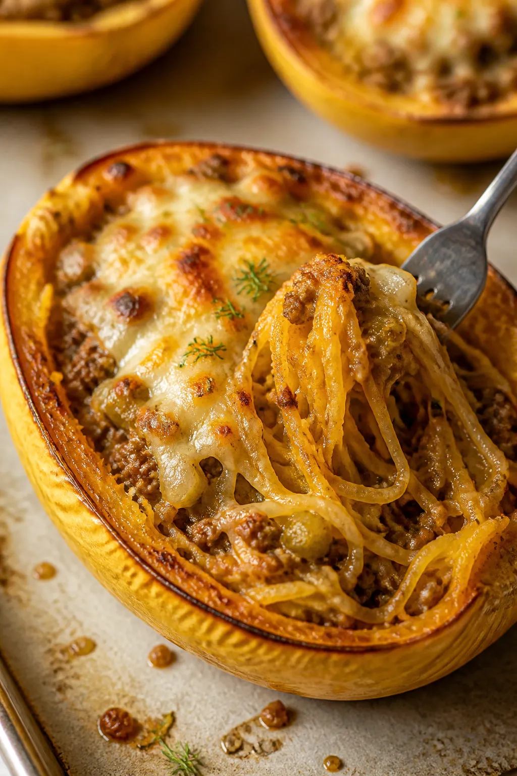 Close-up detail: Cheeseburger-stuffed spaghetti squash just out of the oven, cheese fully melted and