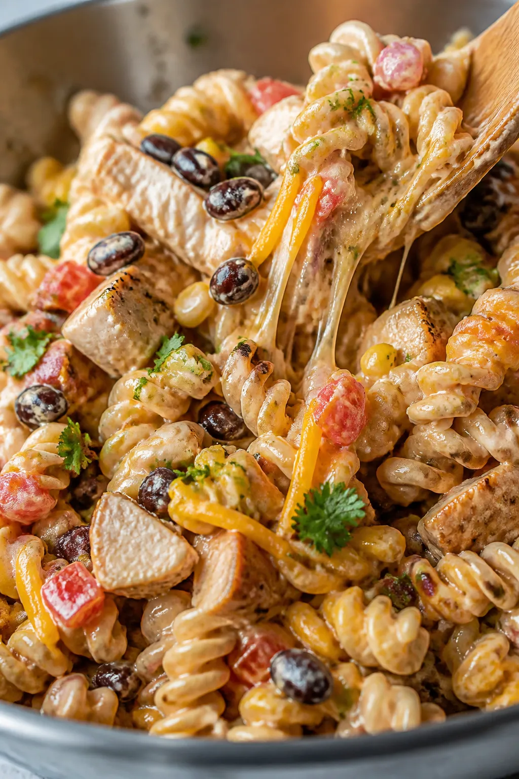 Close-up detail: Creamy BBQ Ranch Chicken Pasta Salad mid-toss in a wide stainless bowl—rotini coa