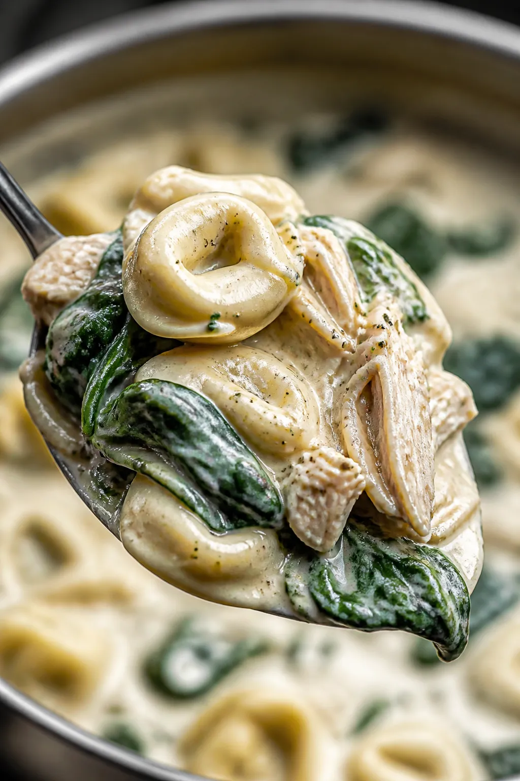 Close-up detail, creamy finish: Ultra-close shot of a spoonful lifted from the pot showcasing luscio