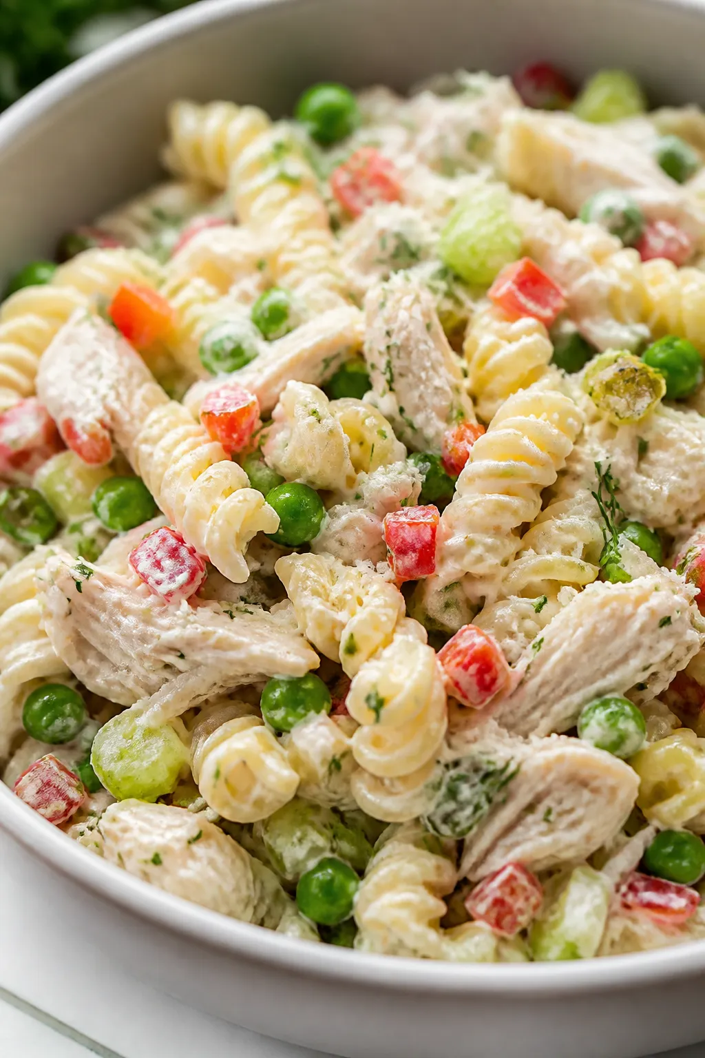 Close-up detail: Creamy Greek-yogurt dressing clinging to al dente rotini with shredded rotisserie c