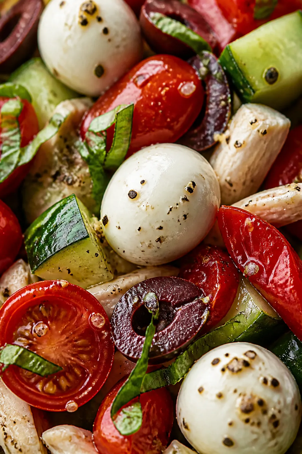 Close-up detail — Creamy mozzarella with vibrant veggies: Extreme close-up of the finished Mozzare