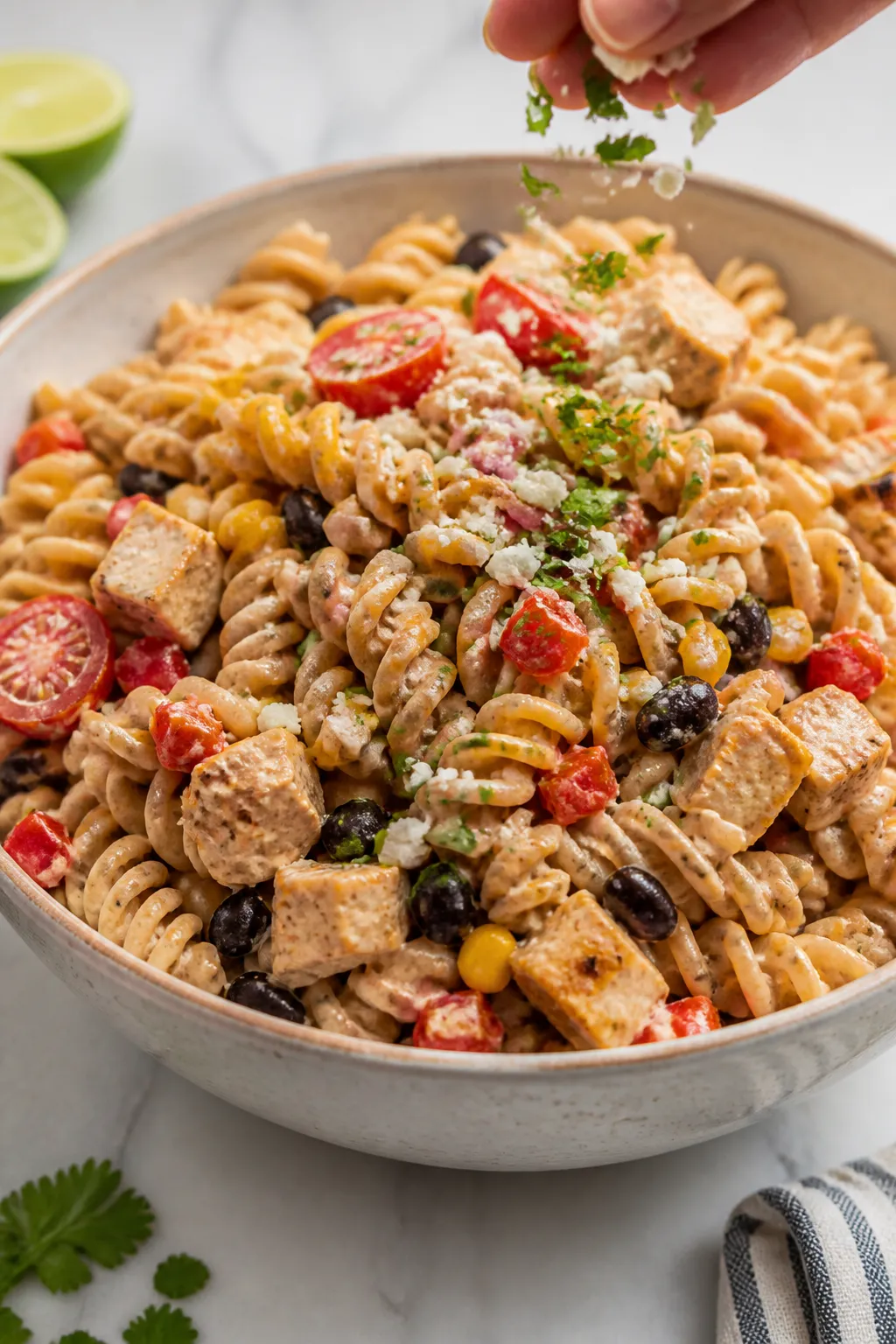 Close-up detail: Creamy Southwest Greek-yogurt lime dressing being gently folded into a bowl of cool