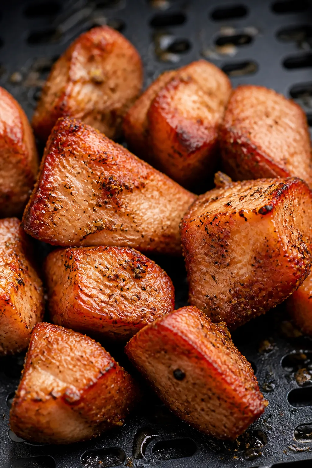 Close-up detail: Crispy-edged air fryer pork tenderloin bites just out of the basket, golden-brown c