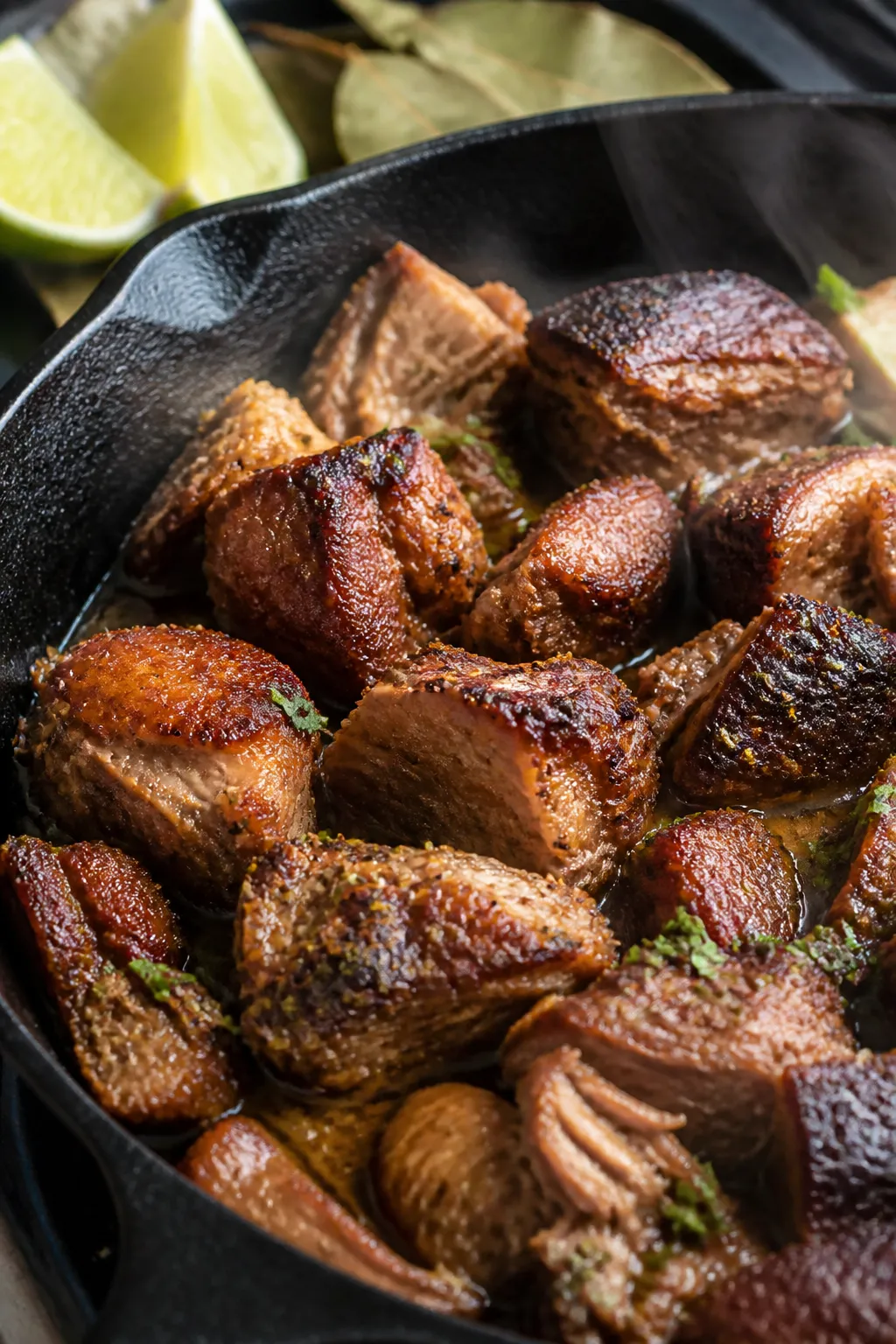 Close-up detail: Crispy pork carnitas sizzling in a cast-iron skillet, edges deeply browned and crac