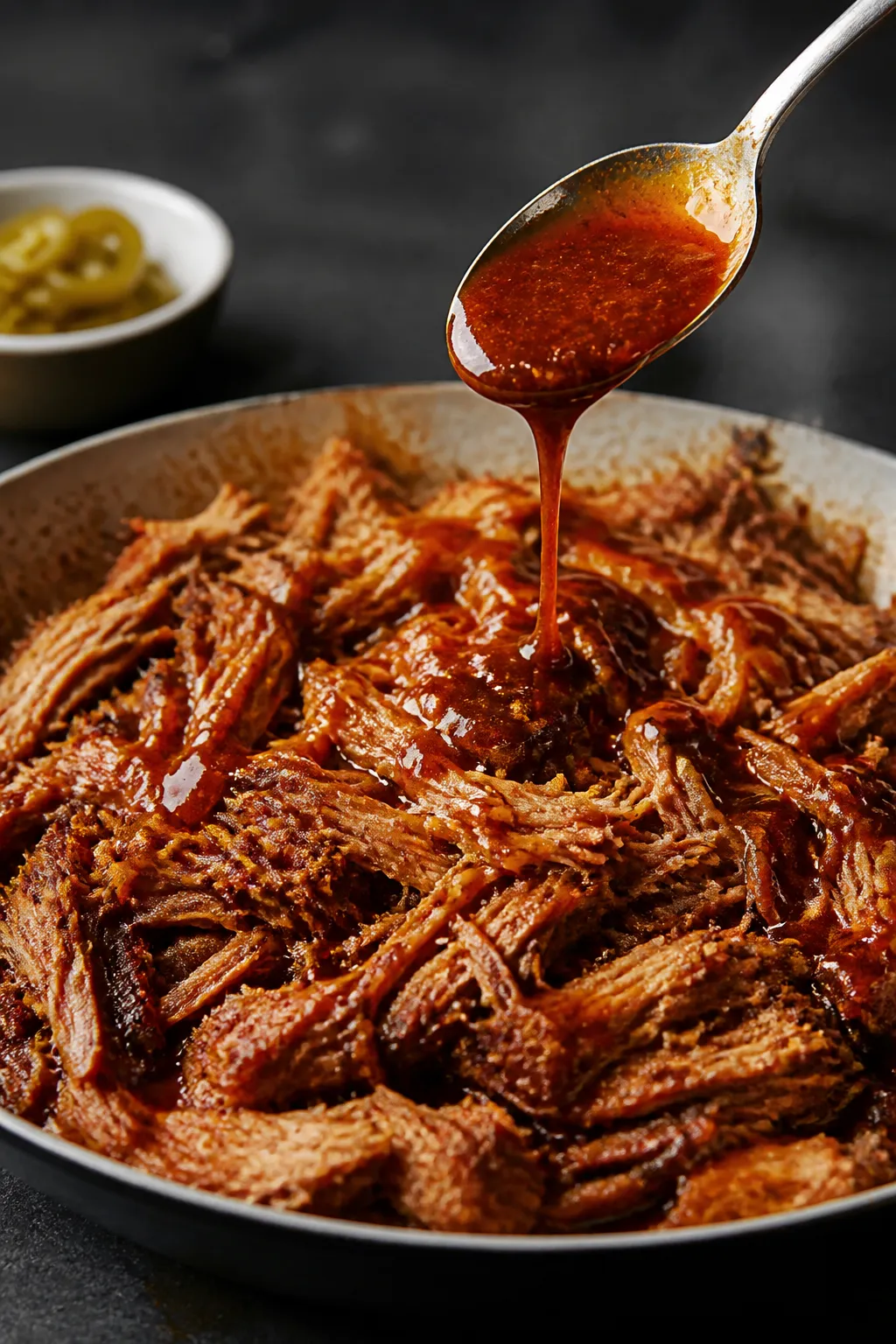 Close-up detail: Fork-tender pulled pork just shredded in a shallow enamel pan, glistening with stra