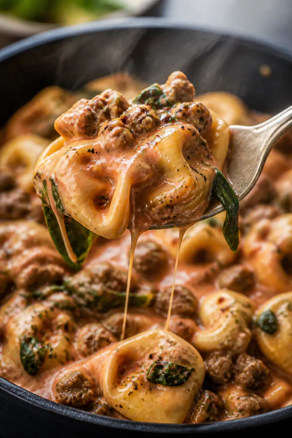 Close-up detail: Forkful of cheese tortellini coated in silky pink cream sauce with crumbled browned