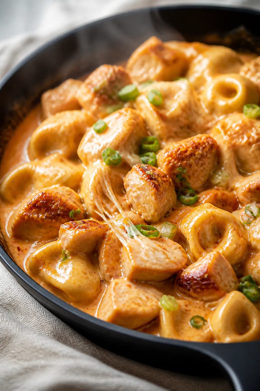 Close-up detail: Glossy cheese tortellini and seared chicken tossed in a creamy buffalo-Greek yogurt