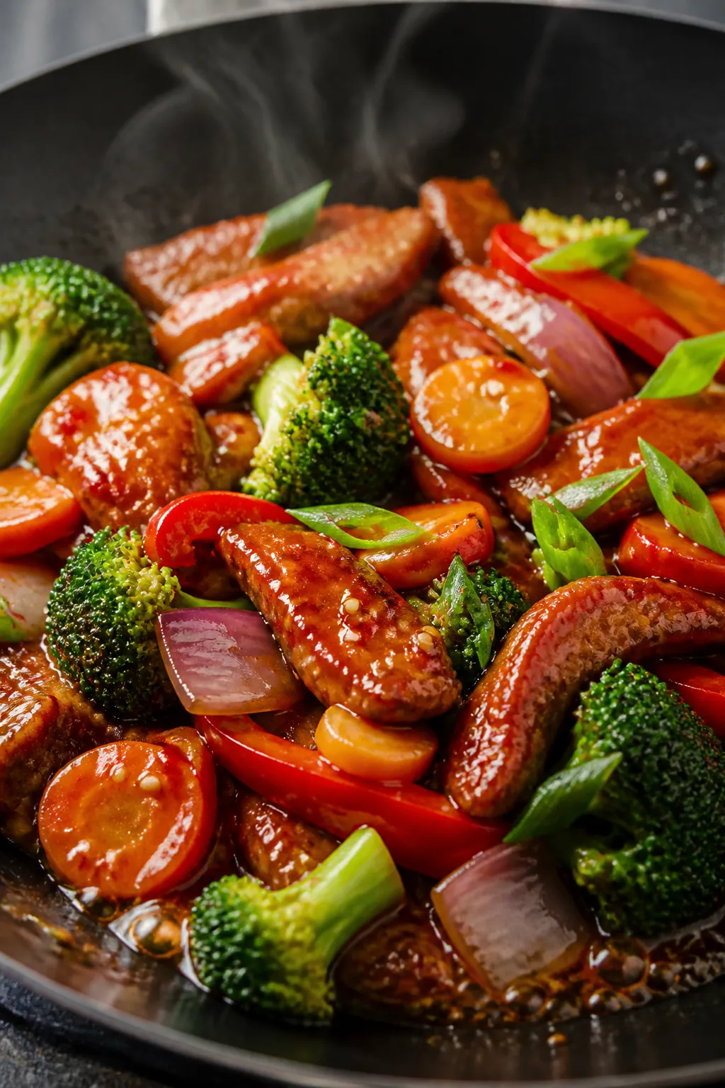 Close-up detail: Glossy sweet chiliâglazed pork strips nestled among crisp-tender broccoli florets