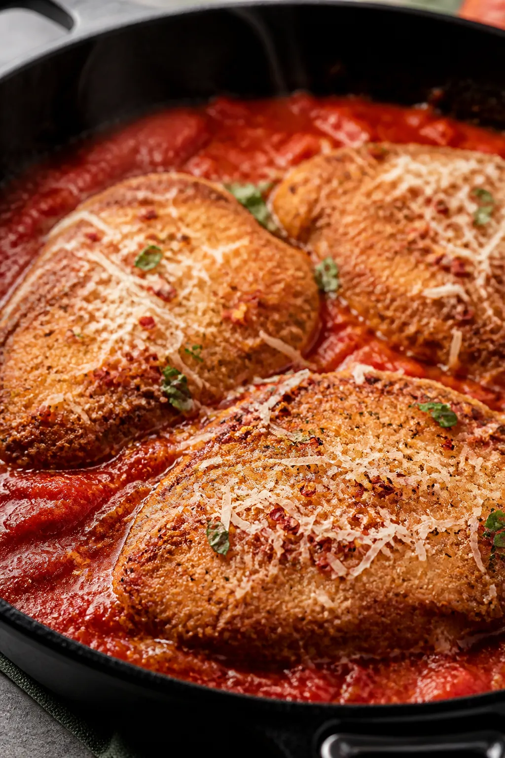 Close-up detail: Golden, breaded chicken cutlets just nestled into a simmering marinara in a black o