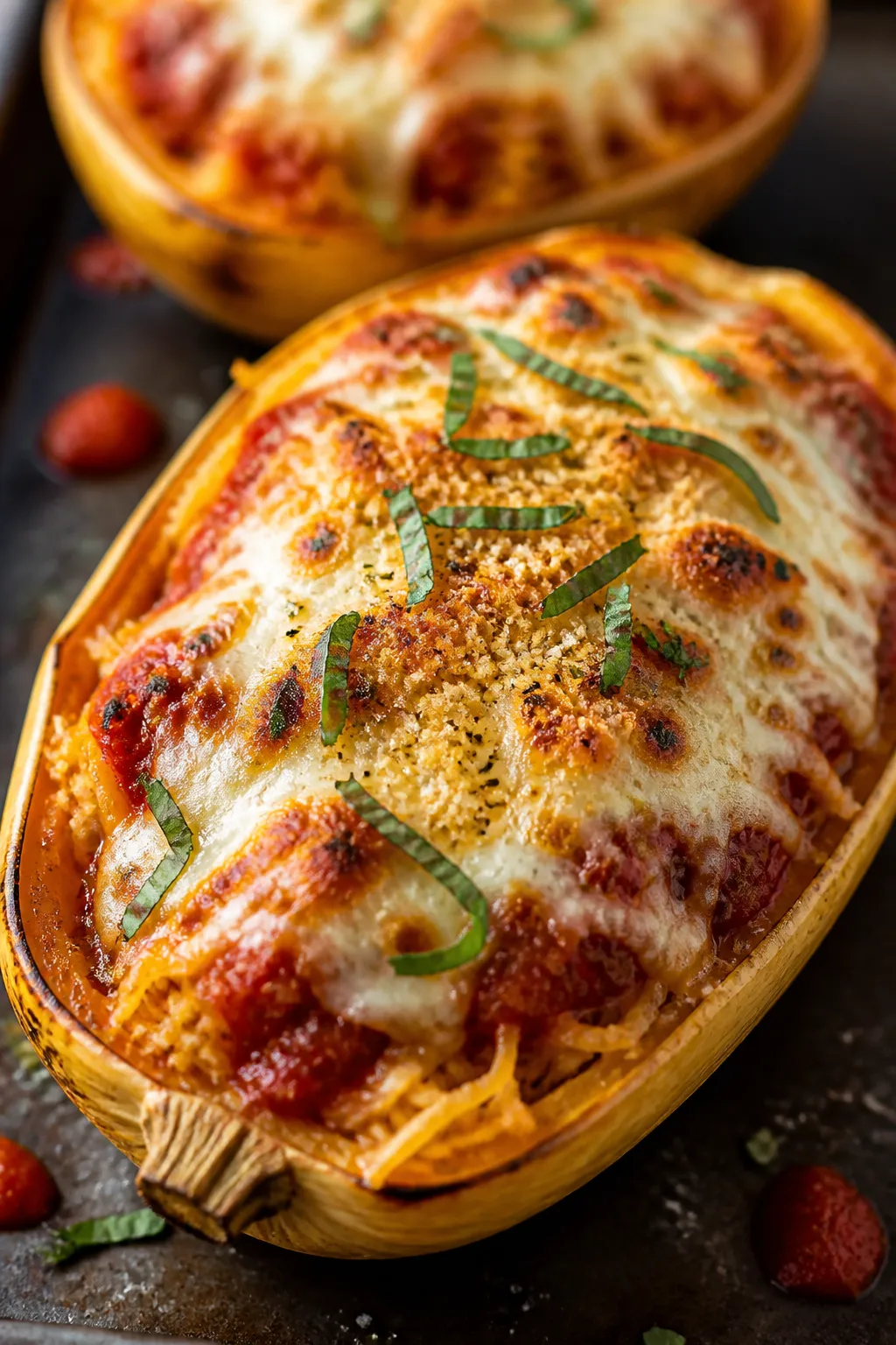 Close-up detail: Golden, broiled Chicken Parmesan spaghetti squash âboatâ just out of the oven,