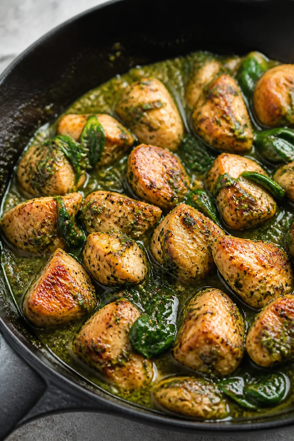 Close-up detail: Golden-browned bite-size chicken pieces just after searing, glistening with olive o