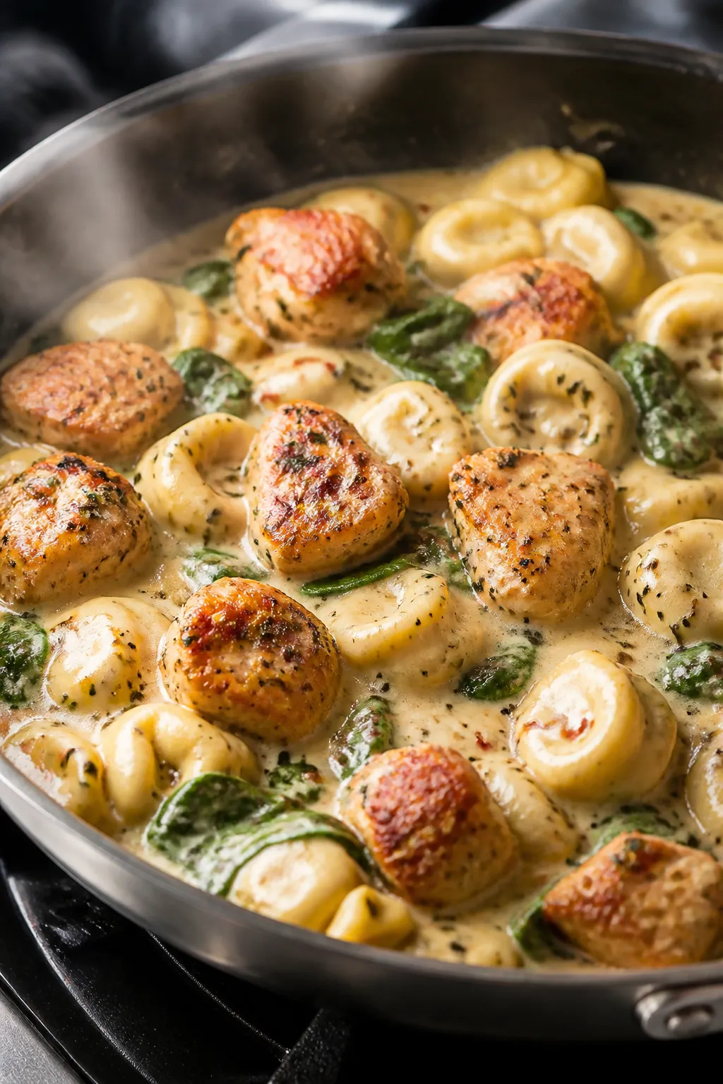 Close-up detail: Golden-browned chicken bites just returned to a creamy, simmering sauce with cheese
