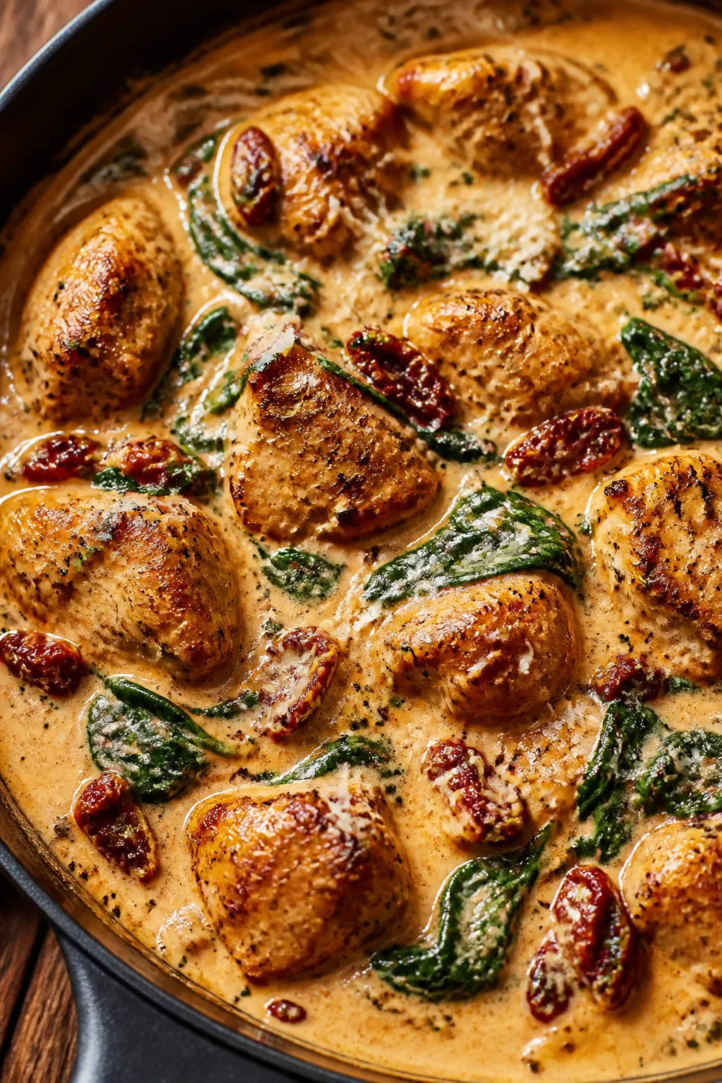 Close-up detail: Golden-browned chicken bites nestled in a silky sun-dried tomato cream sauce, with
