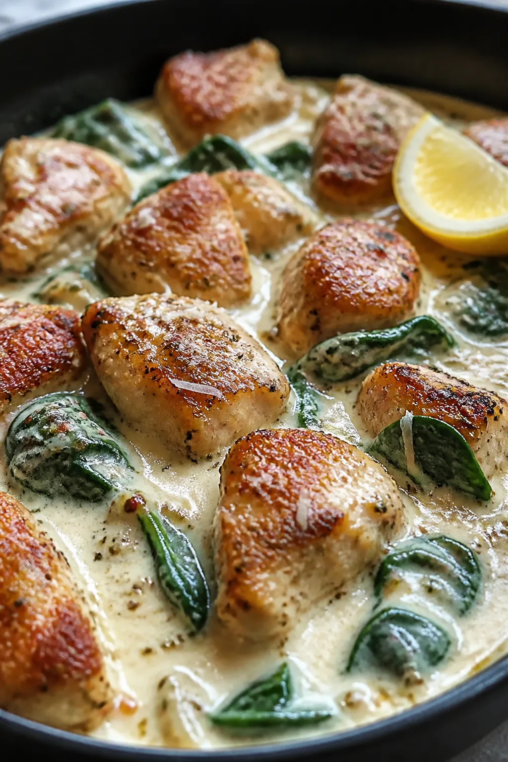 Close-up detail: Golden-browned chicken bites nestled in creamy garlic Parmesan sauce, flecks of red