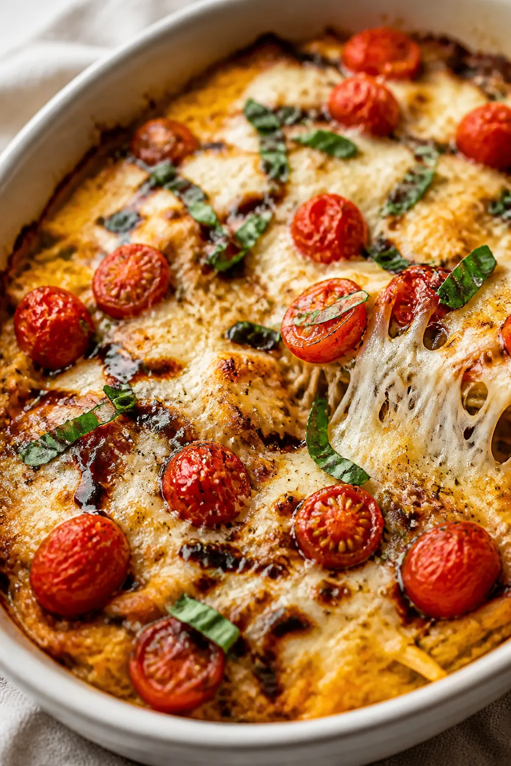 Close-up detail: Golden, bubbling Chicken Caprese Spaghetti Squash Bake just out of the oven, showin
