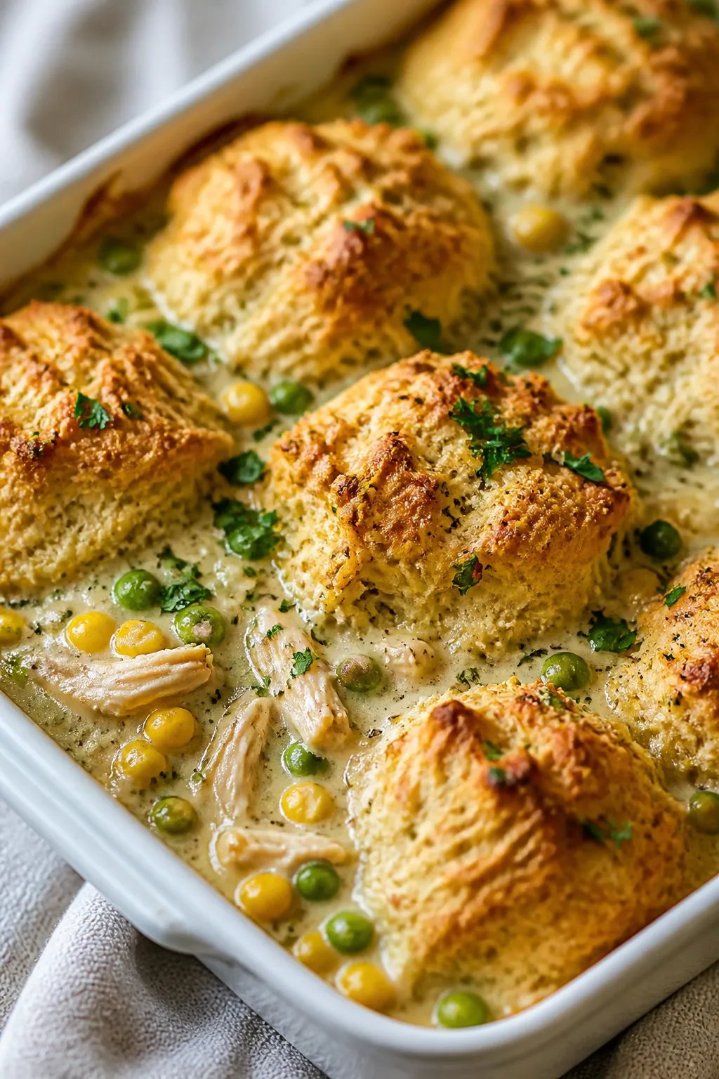 Close-up detail: Golden, bubbling High Protein Chicken Pot Pie Casserole just out of the oven, biscu