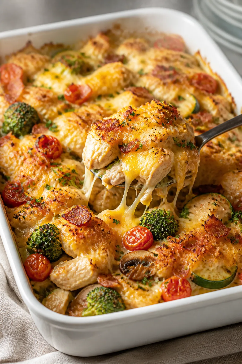 Close-up detail: Golden, bubbling top of a loaded chicken and veggie casserole fresh from the oven,